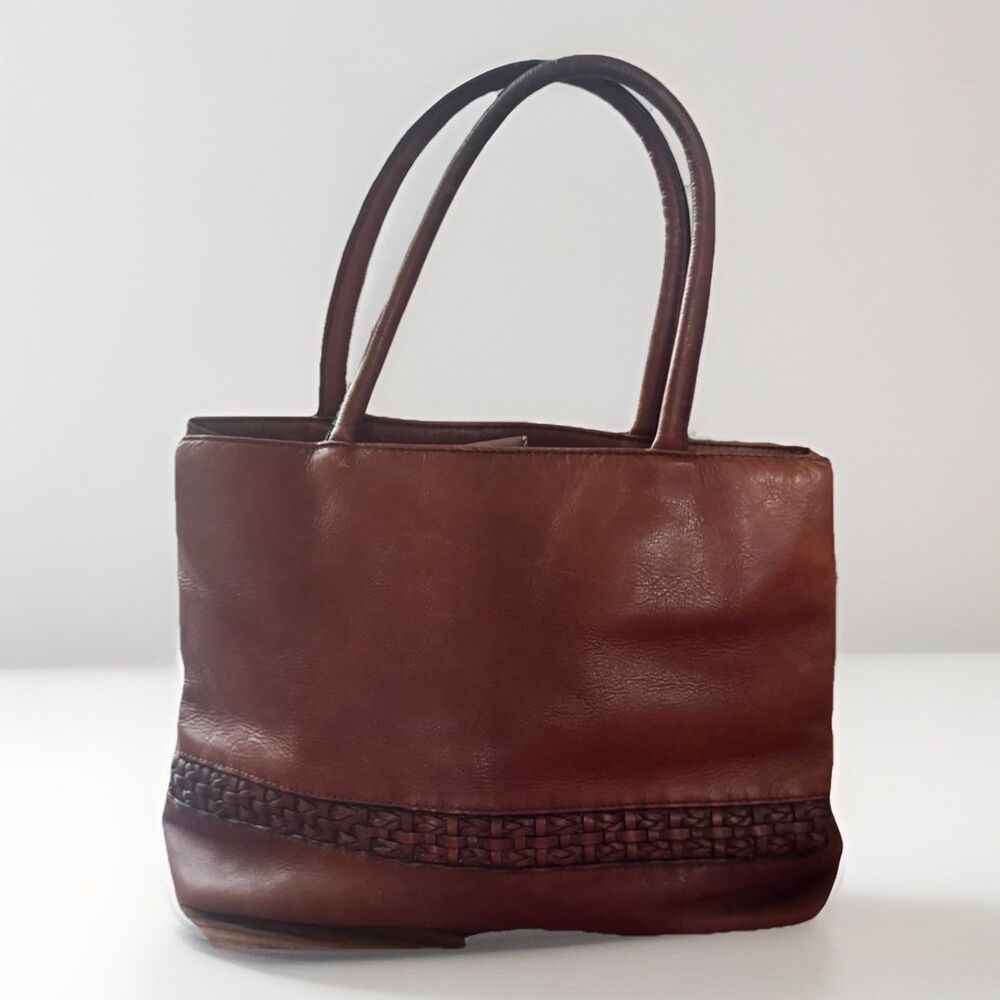 Bechamel Brown Top Handle Purse 100% Leather Bag Woven Detail Magnetic Closure